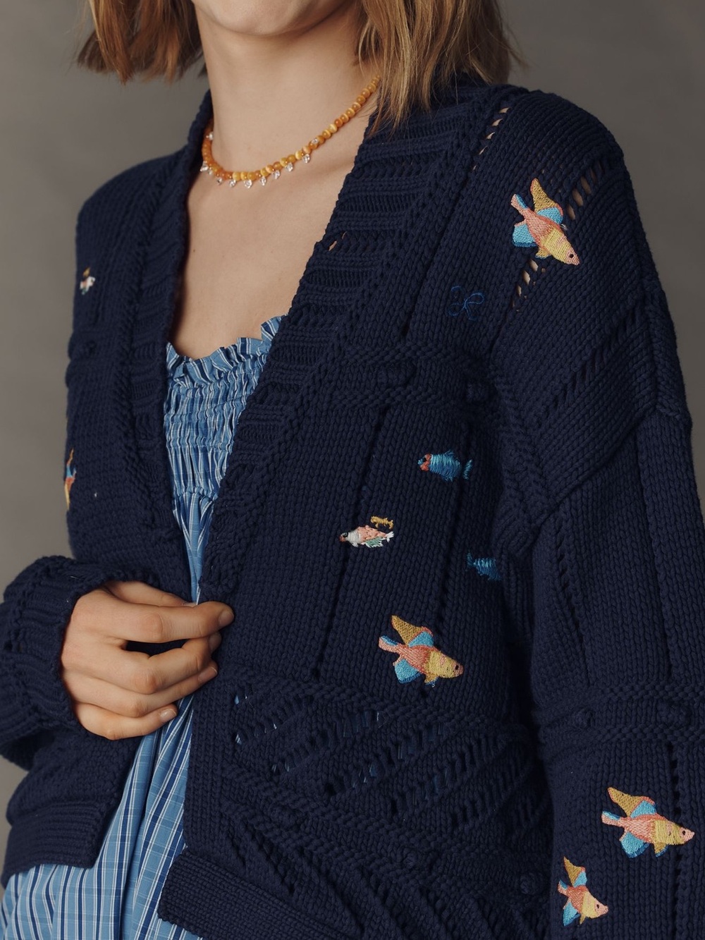 Maeve Anthropologie Embroidered Icons Cardigan Sweater- Navy Fish - Picture 3 of 9